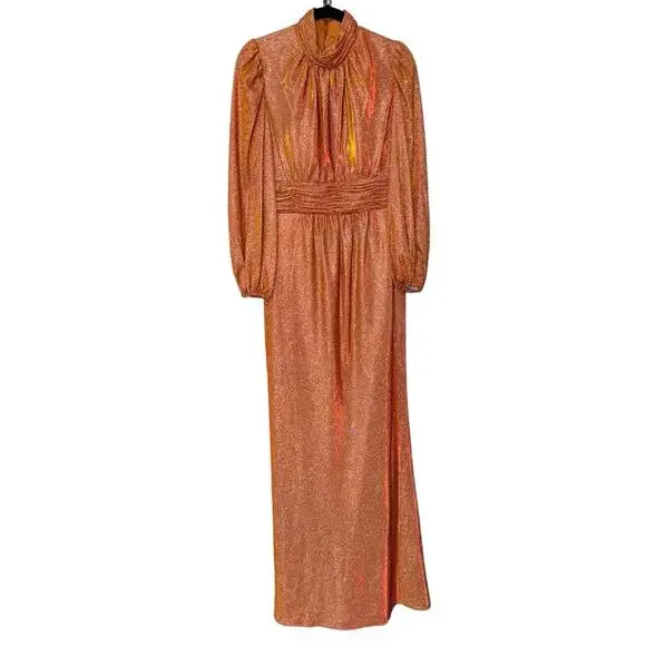 NWT IEENA for MAC DUGGAL 11248 Rust Draped Glitter High Neck Puff Sleeve Gown